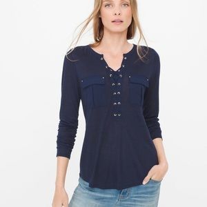 🌻 WHBM Laceup Navy Blue 3/4 Blouse w Pockets & cuffed sleeves - XS